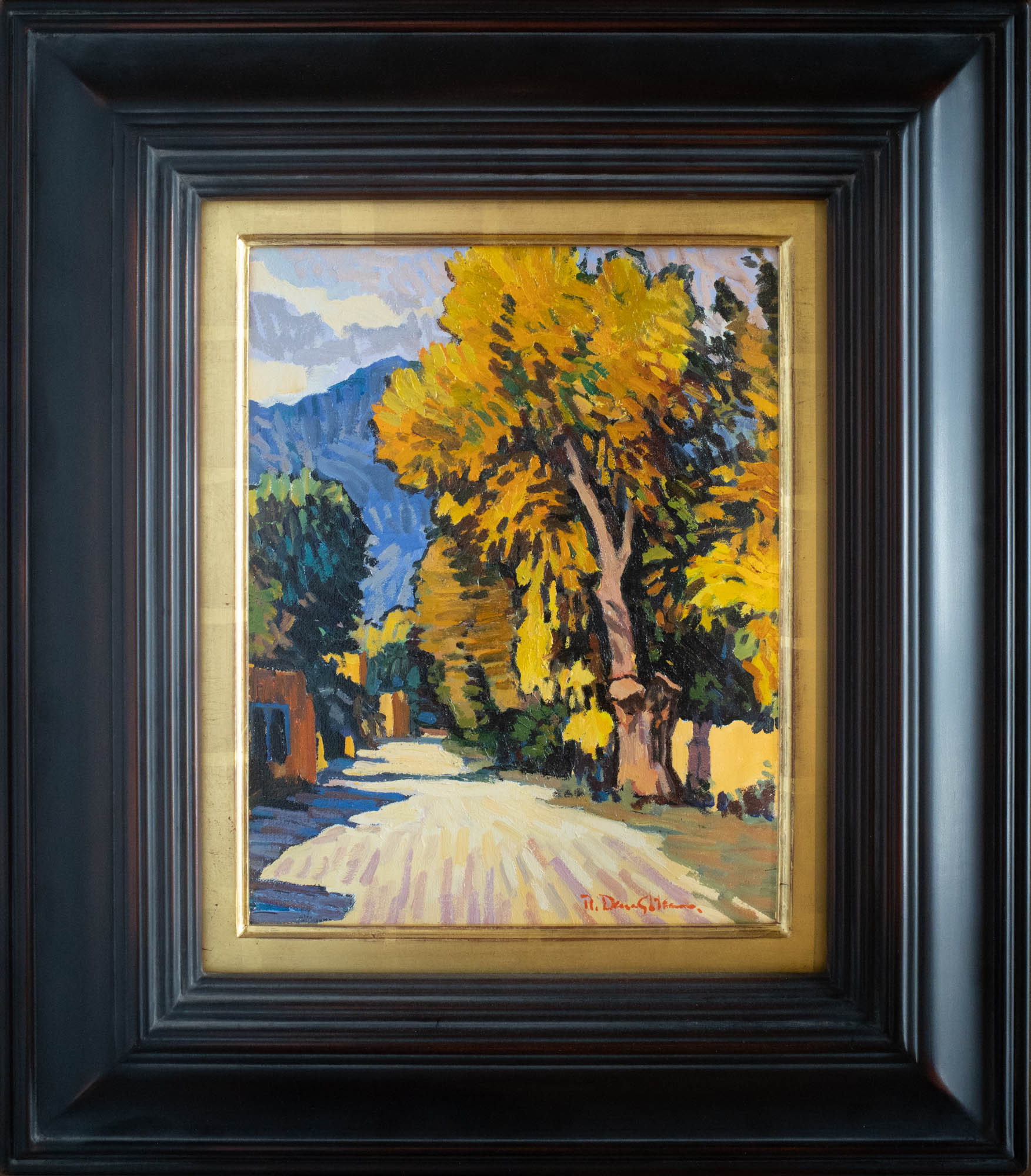 Robert Daughters Painting of a New Mexico Streetscape with tall yellow trees and a looming mountain in the background. Title: La Loma Fall